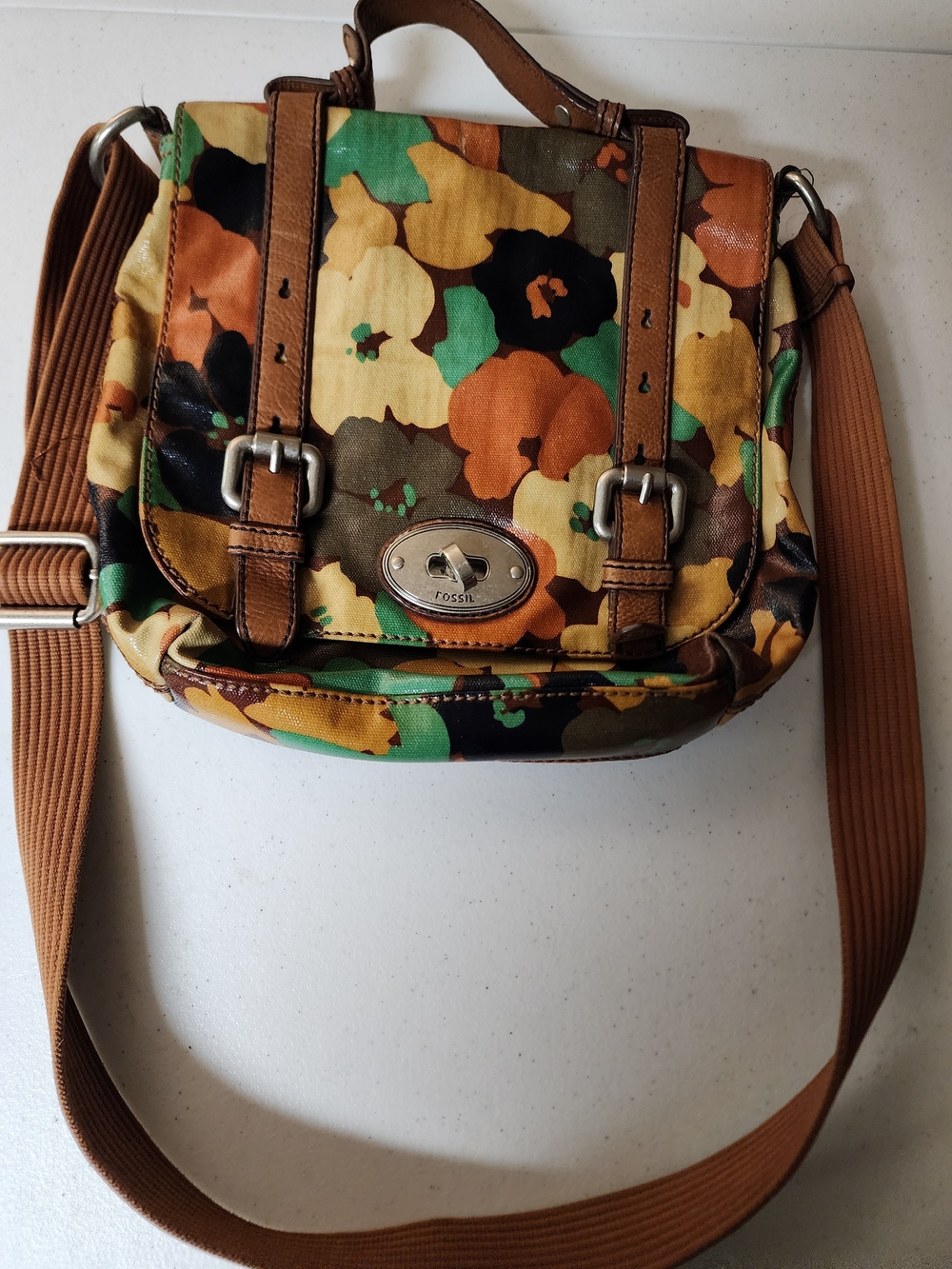 Fossil Floral Coated Canvas Crossbody in Green, Brown & Yellow